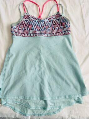 Ivivva Light Blue Tank Top with Pink Straps and Multicolor Geometric Band